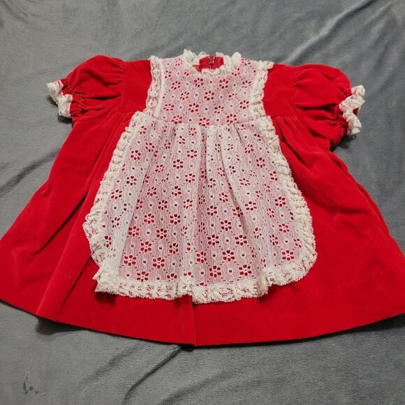 Vintage Velvet Dress Girls 18 Month Red USA Union Made Lace Floral Hem Apron Top